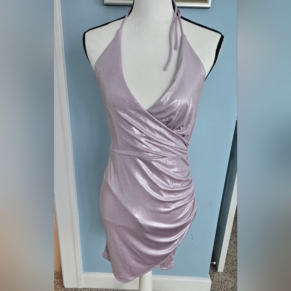 Forever 21 Shimmering Glitter Halter Stretch Bodycon Lavender  Mini Dress  Y2k